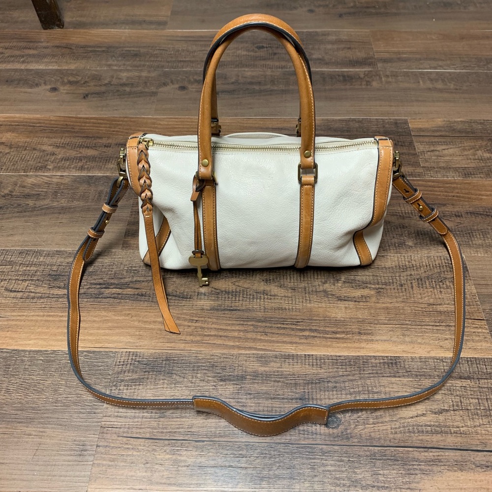 Fossil white and tan leather crossbody